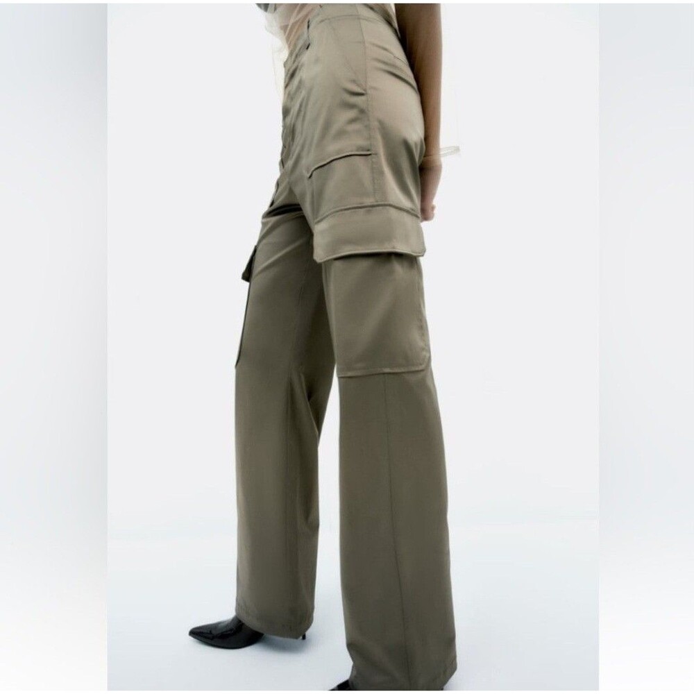 Zara Satin Cargo Pants Womens Size Large Gray Wide Leg New - Picture 3 of 16